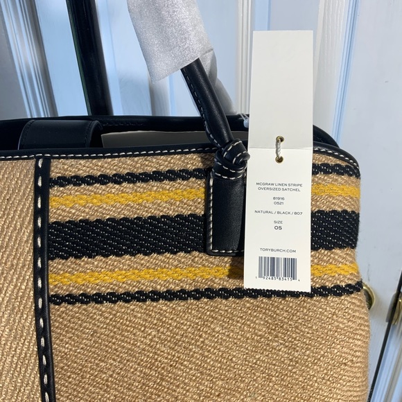 BRAND NEW | Tory Burch Mcgraw Linen Stripe Oversized Satchel - Picture 3 of 3